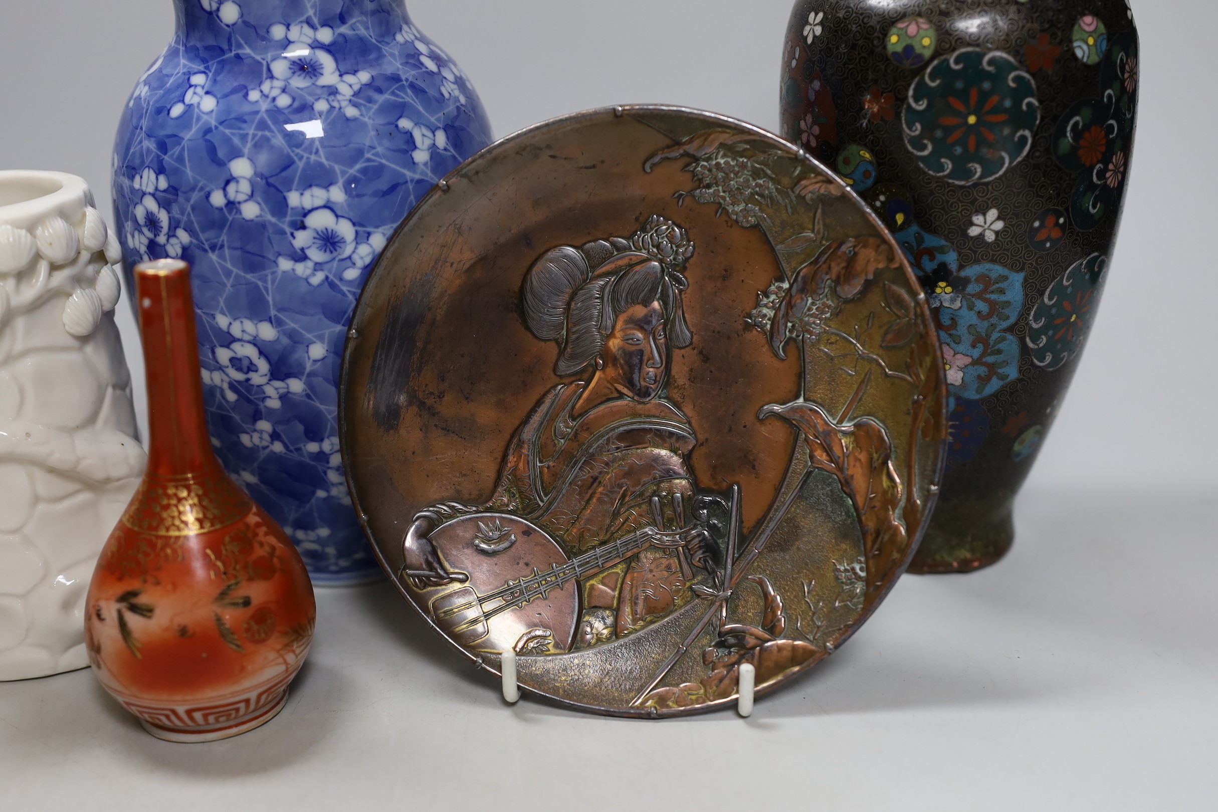A pair of Japanese cloisonné enamel vases, four Japanese vases and an antimony dish. Tallest 22cm